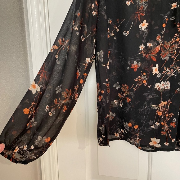 A New Day Black Fall Woodsy Floral Printed Long Sleeve Billowy Peasant Blouse - Picture 3 of 15